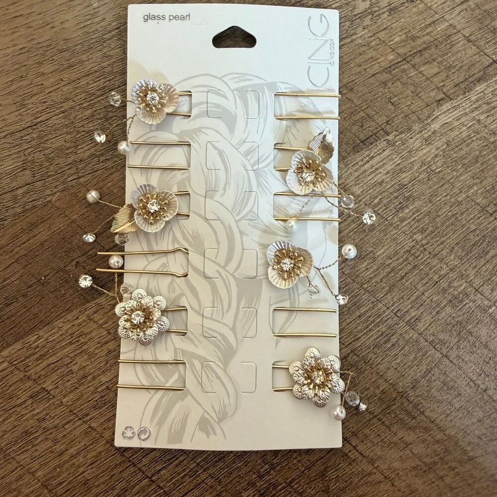 NWT Bridal wedding rose gold-toned hair pins flowers glass pearls
